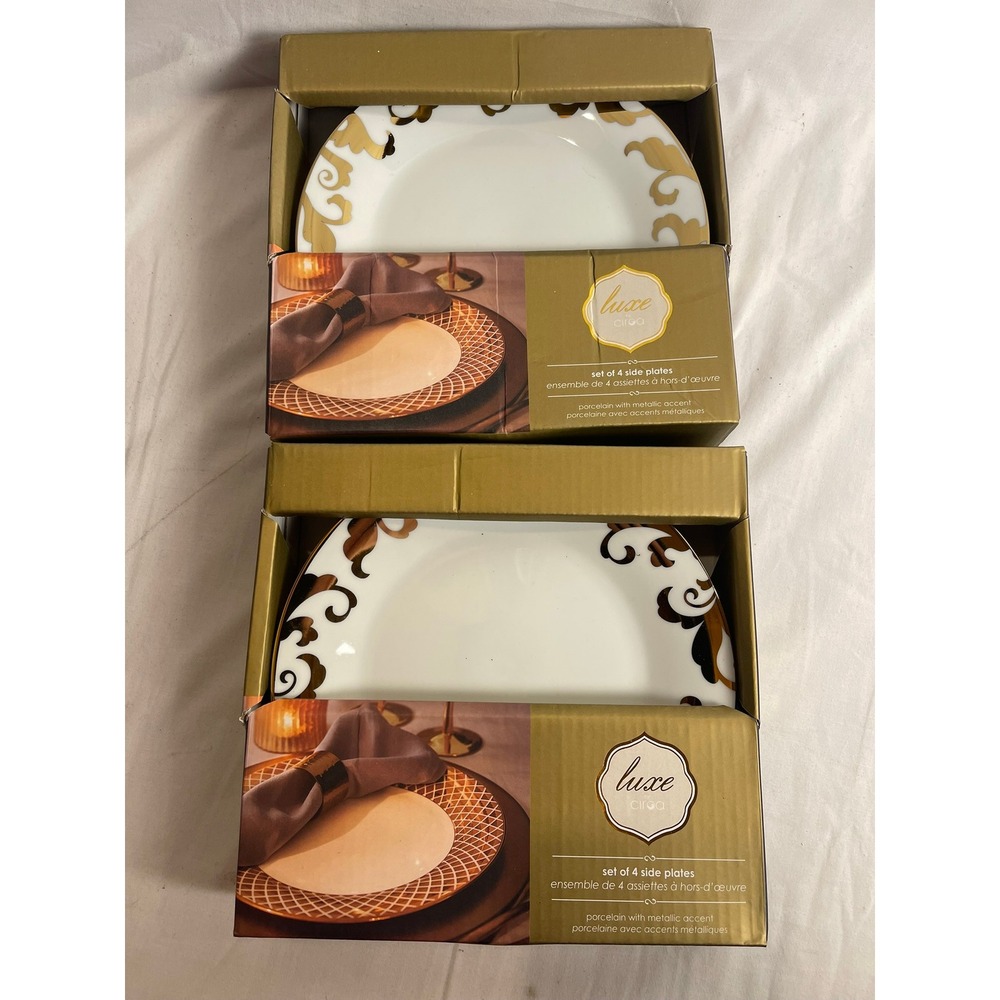 Luxe by Ciroa Porcelain Side Plates Set of 8 Gold Metallic Scroll White 7.5 inch